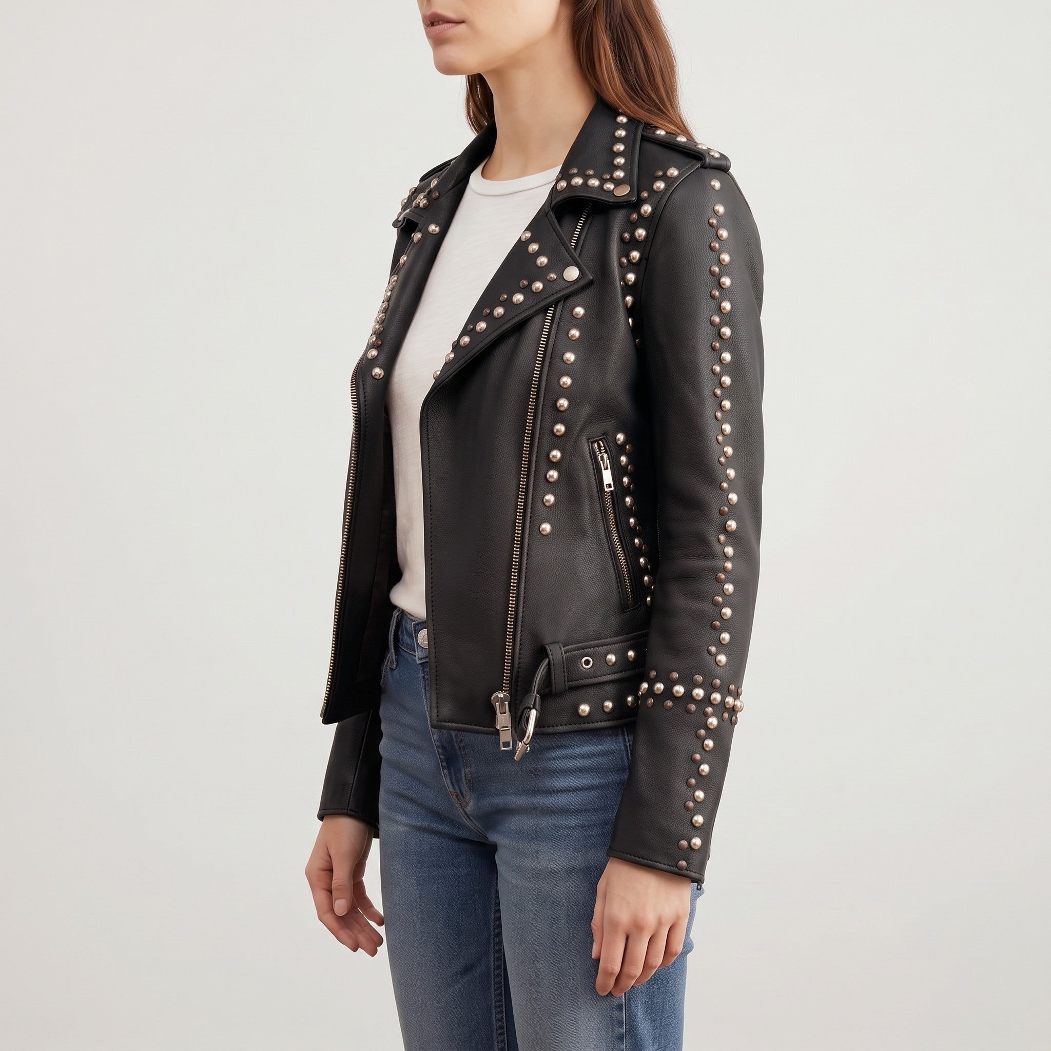 Women's Black Studded Leather Biker Jacket — Buckland
