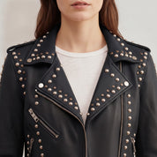 Women's Black Studded Leather Biker Jacket — Buckland