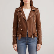 Women's Brown Studded Leather Biker Jacket — Buckland
