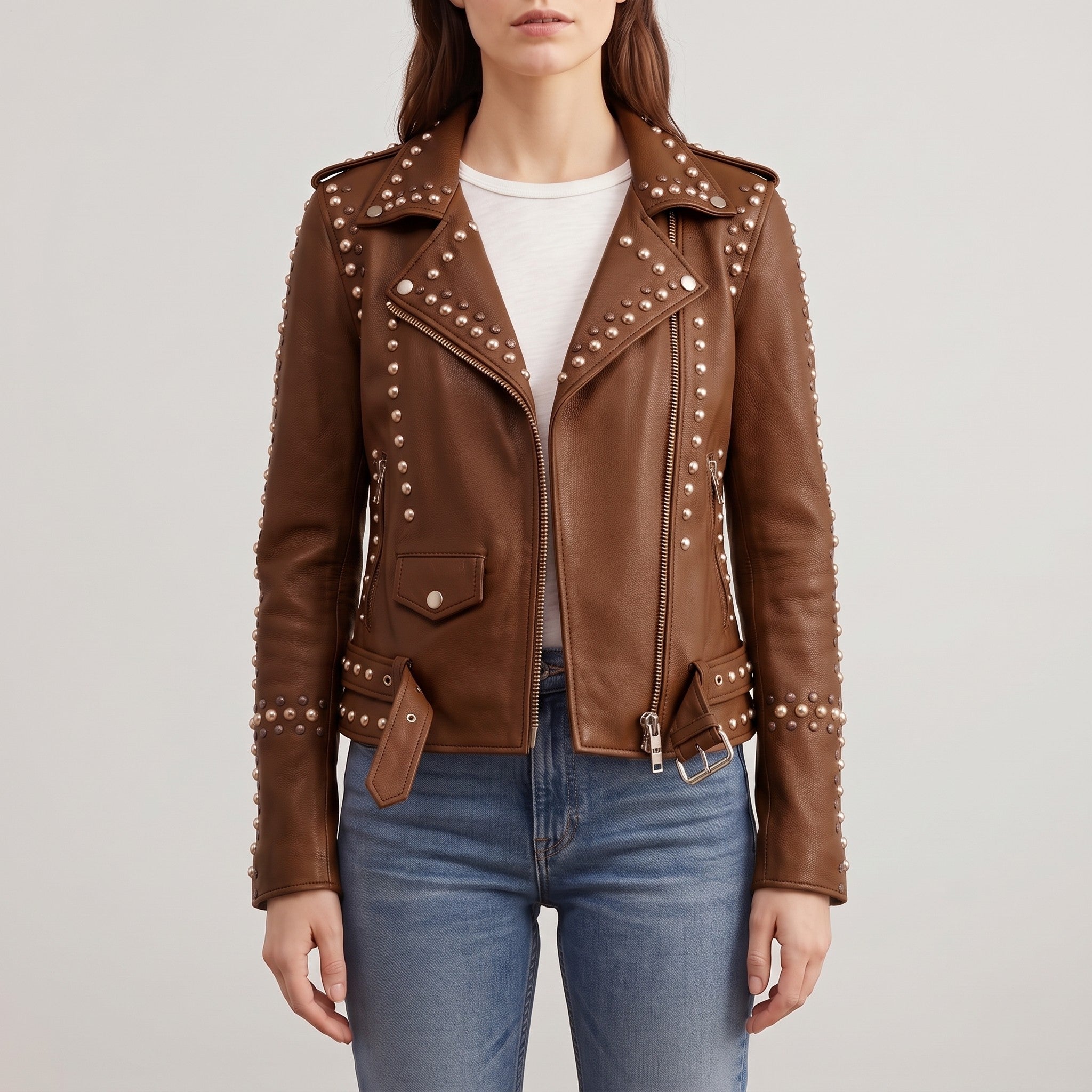 Women's Brown Studded Leather Biker Jacket — Buckland