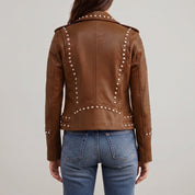 Women's Brown Studded Leather Biker Jacket — Buckland
