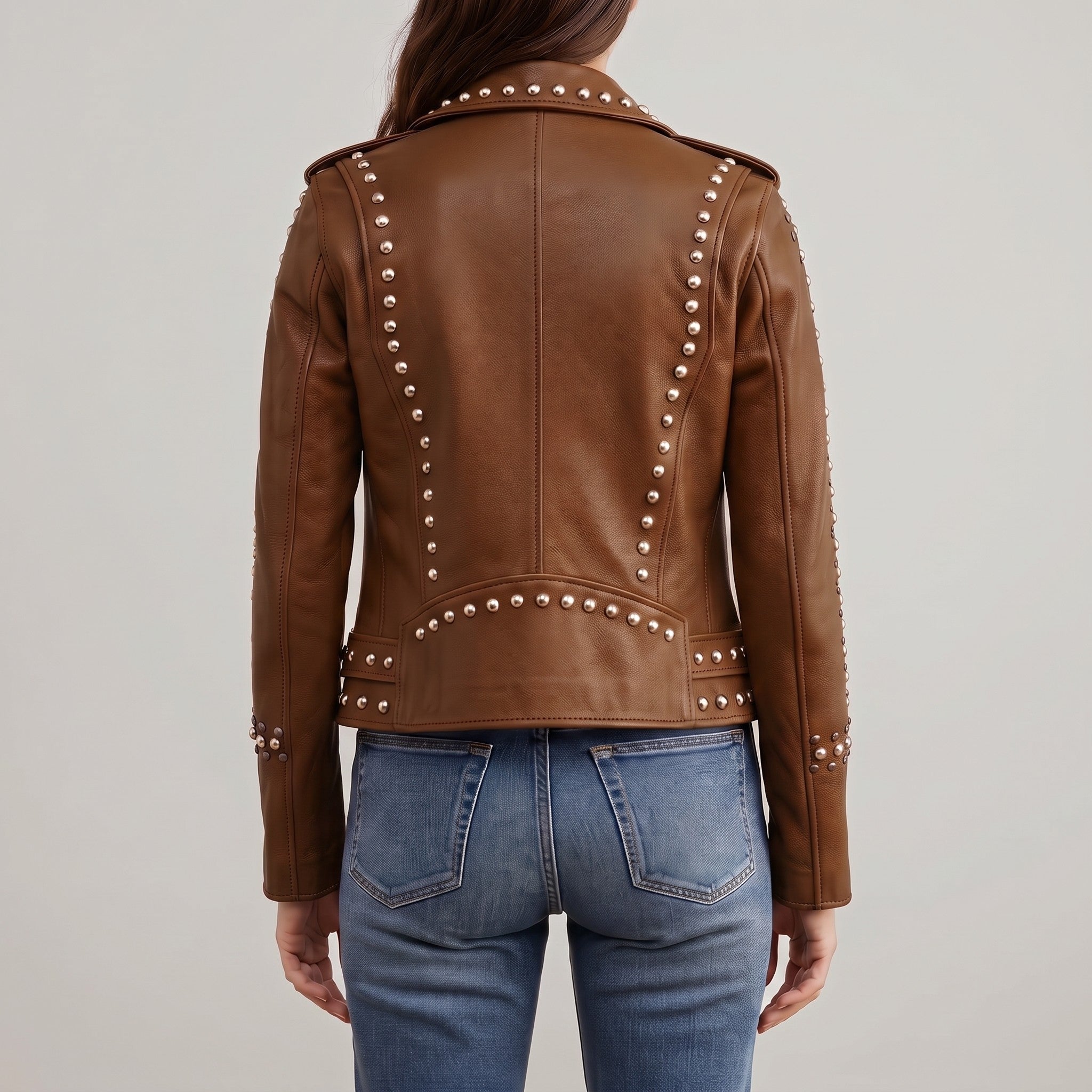 Women's Brown Studded Leather Biker Jacket — Buckland