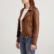 Women's Brown Studded Leather Biker Jacket — Buckland