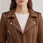 Women's Brown Studded Leather Biker Jacket — Buckland