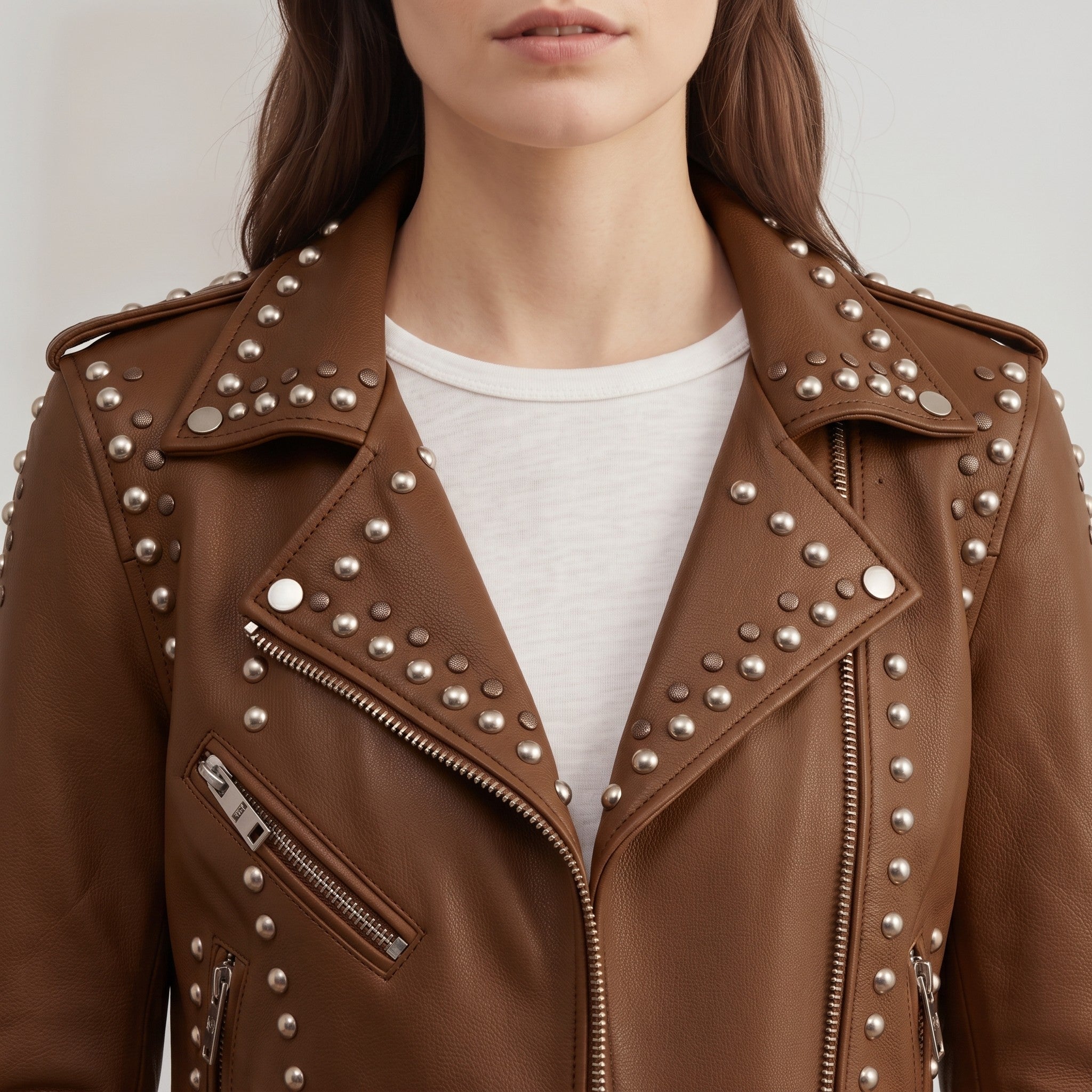 Women's Brown Studded Leather Biker Jacket — Buckland