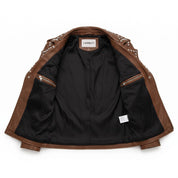 Women's Brown Studded Leather Biker Jacket — Buckland