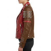Women's Brown and Red Asymmetric Zip Leather Perfecto Biker Jacket — Angus