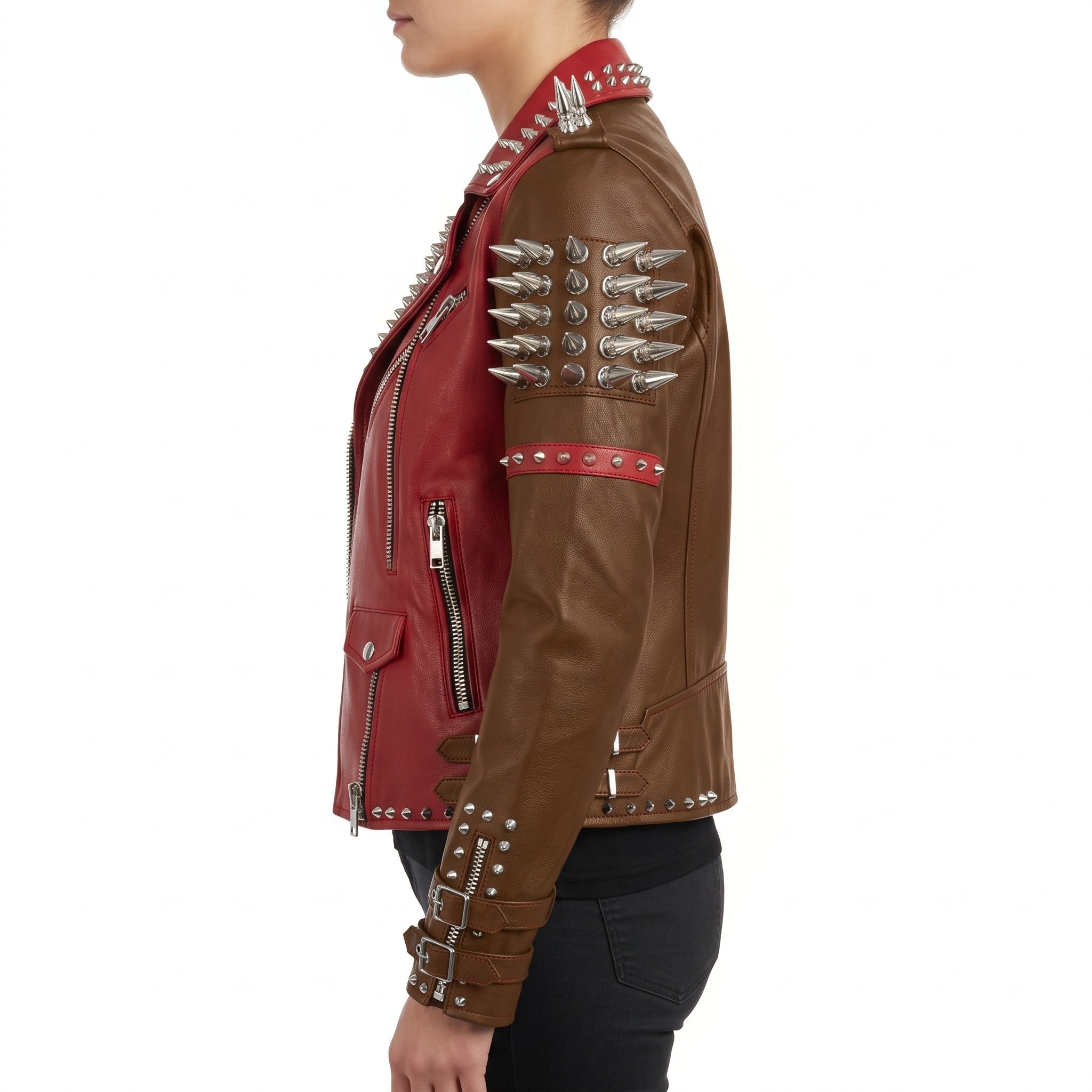 Women's Brown and Red Asymmetric Zip Leather Perfecto Biker Jacket — Angus