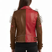 Women's Brown and Red Asymmetric Zip Leather Perfecto Biker Jacket — Angus