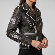 Women's Black Studded Leather Biker Jacket — Ponsonby