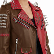 Women's Brown and Red Asymmetric Zip Leather Perfecto Biker Jacket — Angus