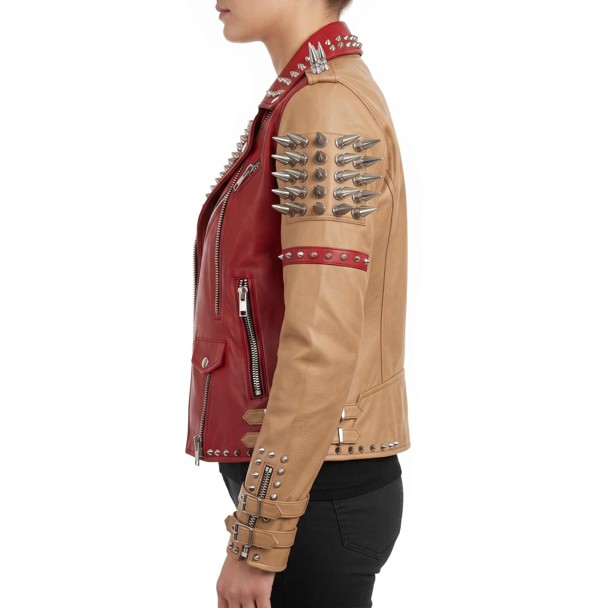 Women's Tan and Red Asymmetric Zip Leather Perfecto Biker Jacket — Angus