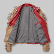 Women's Tan and Red Asymmetric Zip Leather Perfecto Biker Jacket — Angus
