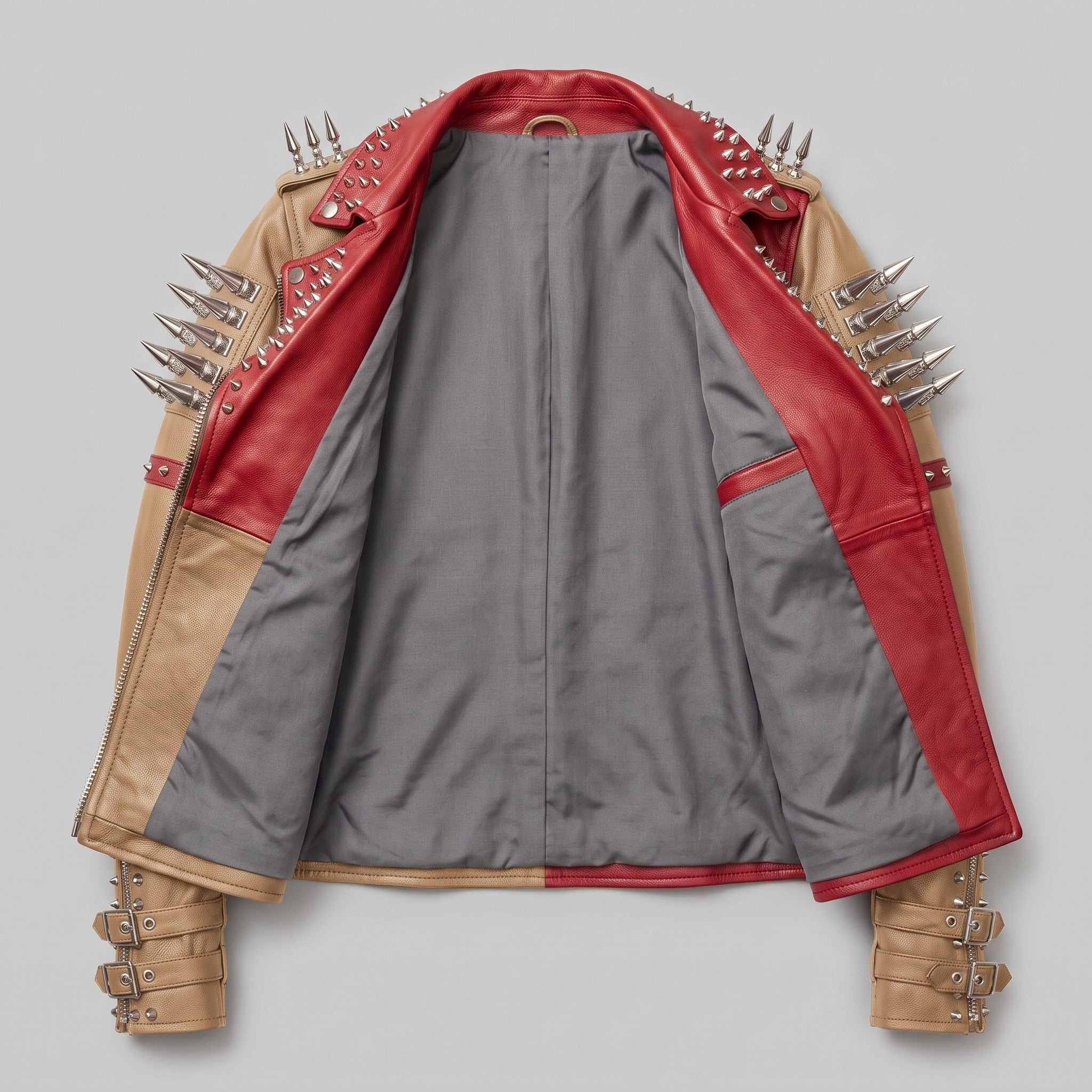 Women's Tan and Red Asymmetric Zip Leather Perfecto Biker Jacket — Angus