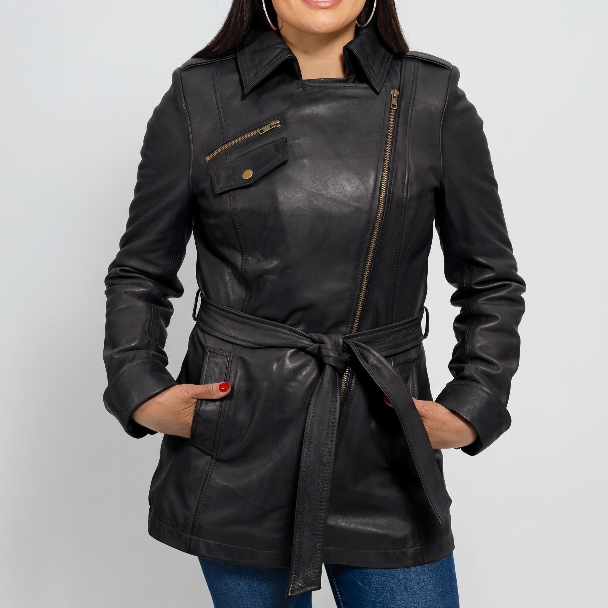 Women's Black Belted Leather Biker Jacket — Downham