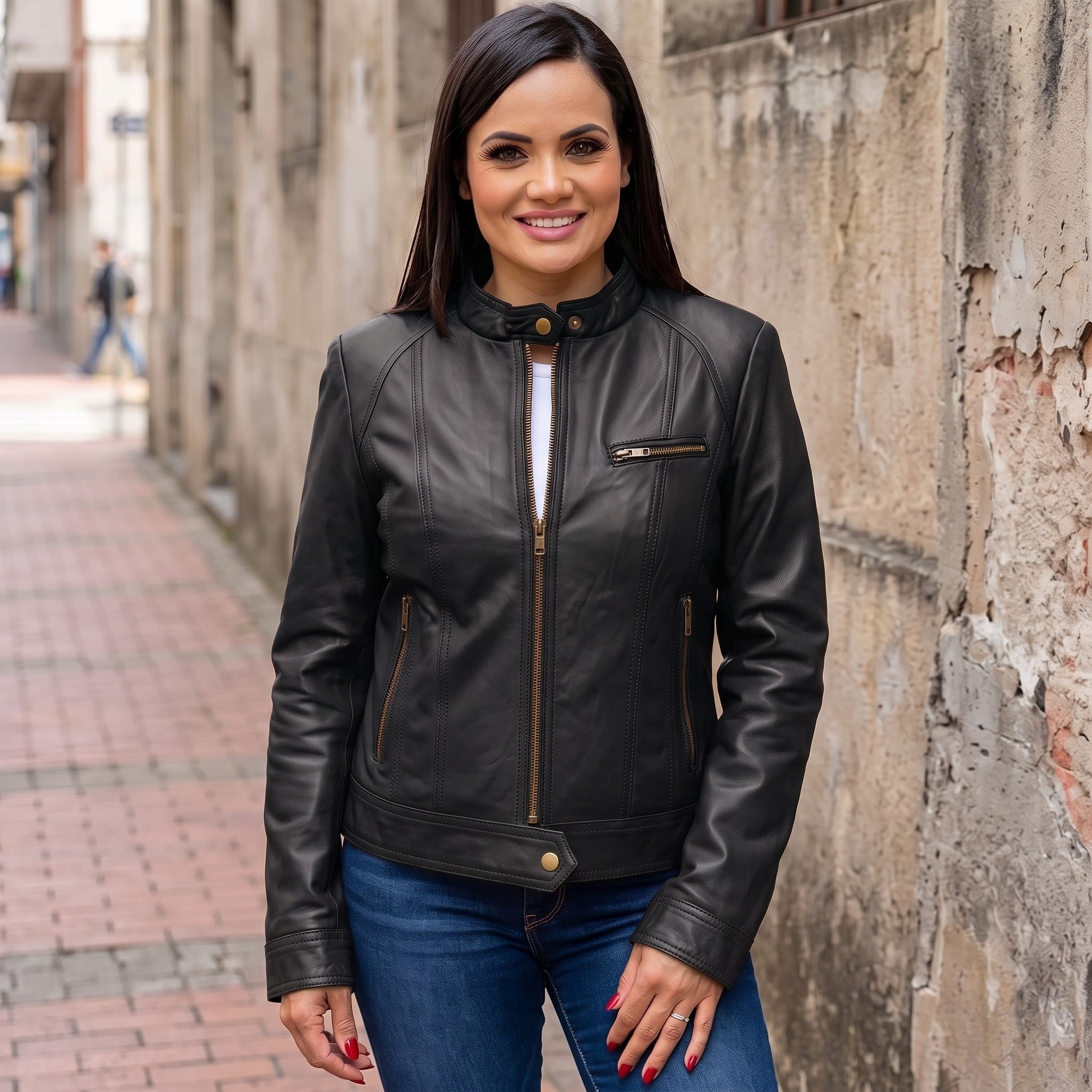 Women's Black Leather Cafe Racer Jacket — Dutton