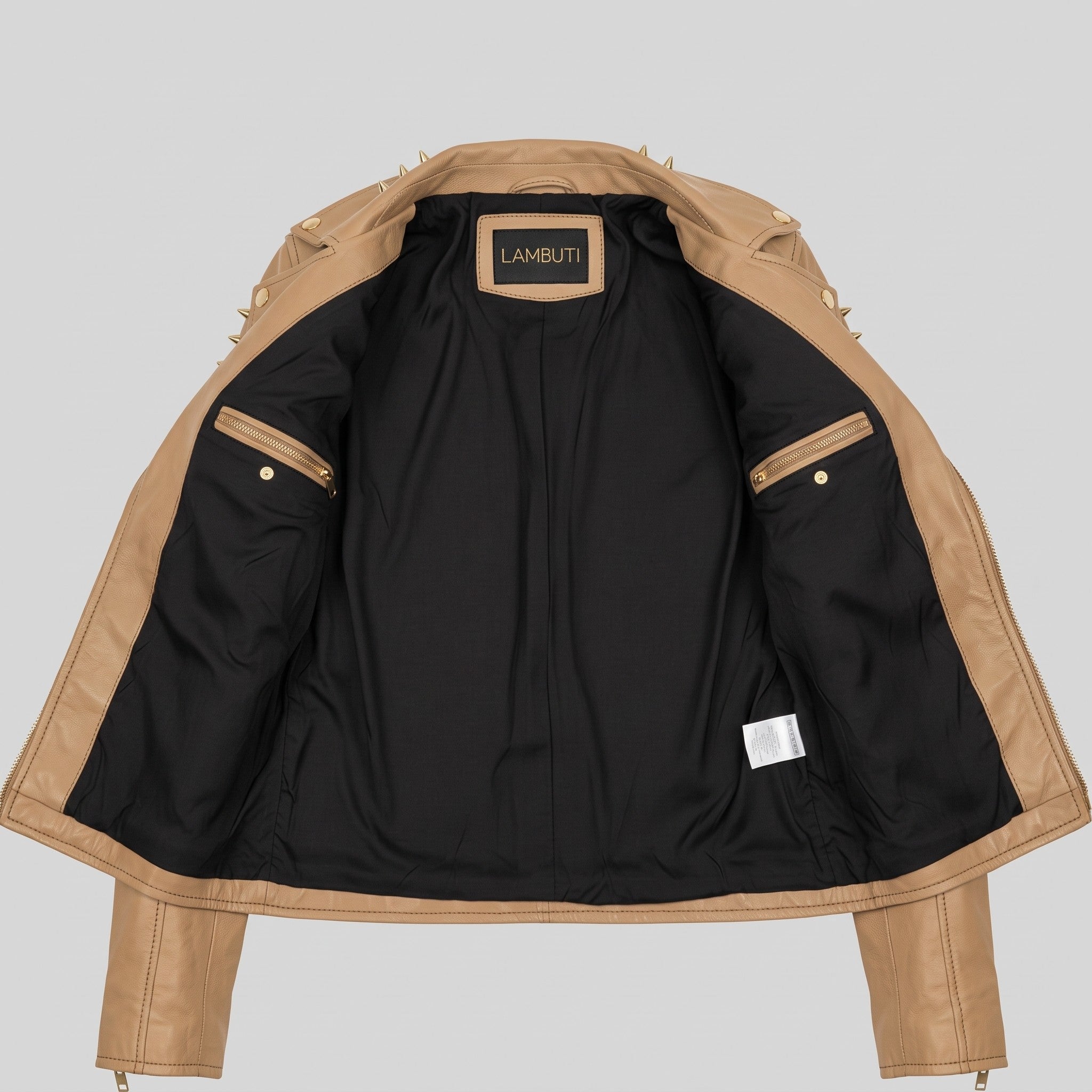 Women's Tan Golden Spiked Studded Leather Biker Jacket — Buckley