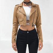 Women's Tan Cropped Leather Biker Jacket — Lapford