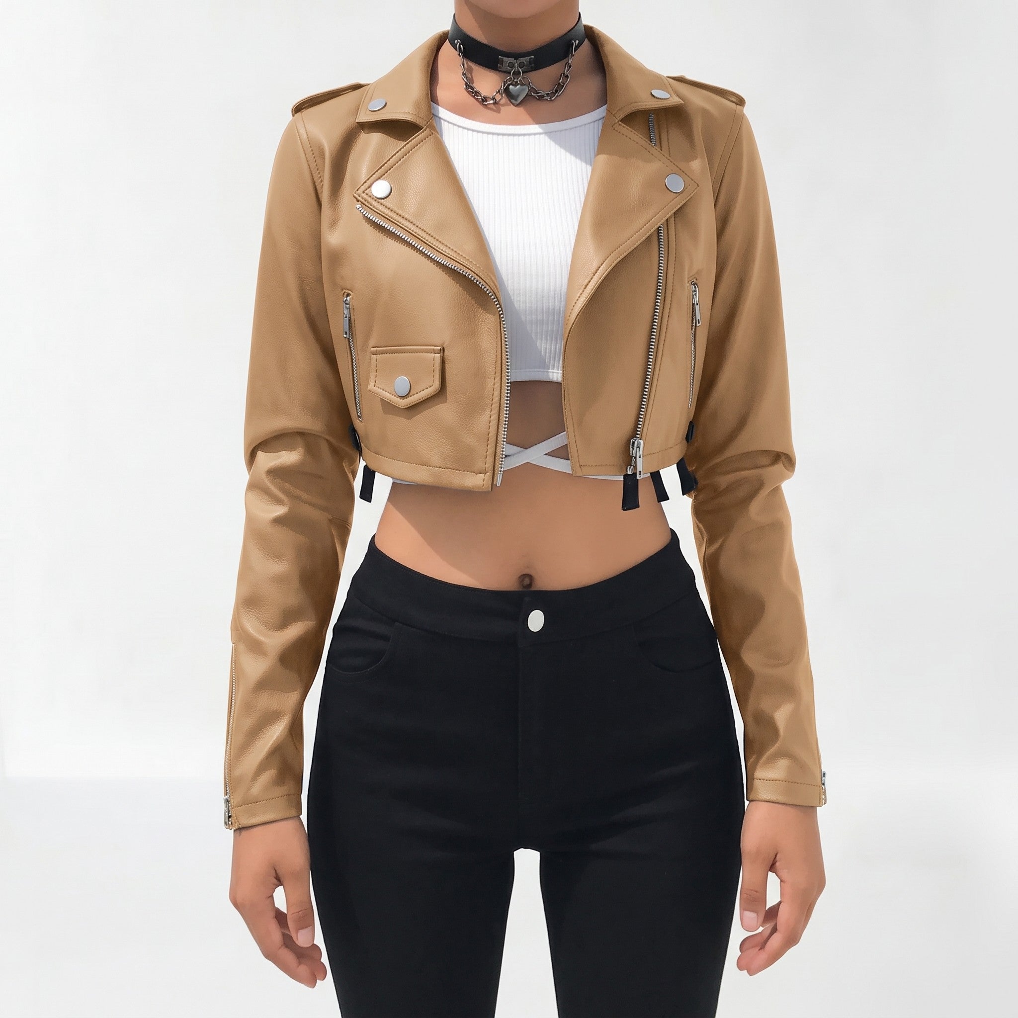 Women's Tan Cropped Leather Biker Jacket — Lapford