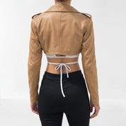 Women's Tan Cropped Leather Biker Jacket — Lapford