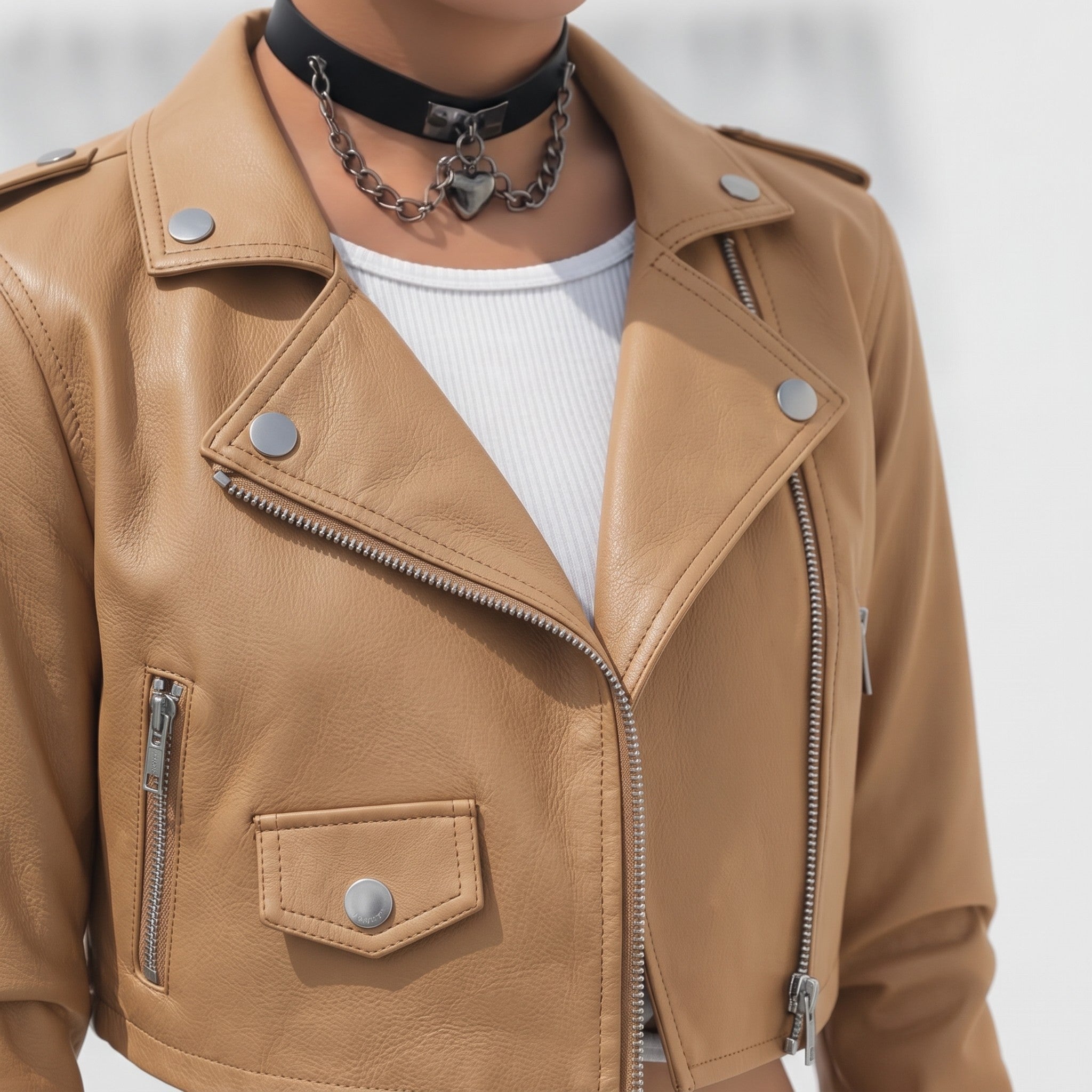 Women's Tan Cropped Leather Biker Jacket — Lapford