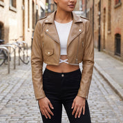Women's Tan Cropped Leather Biker Jacket — Lapford