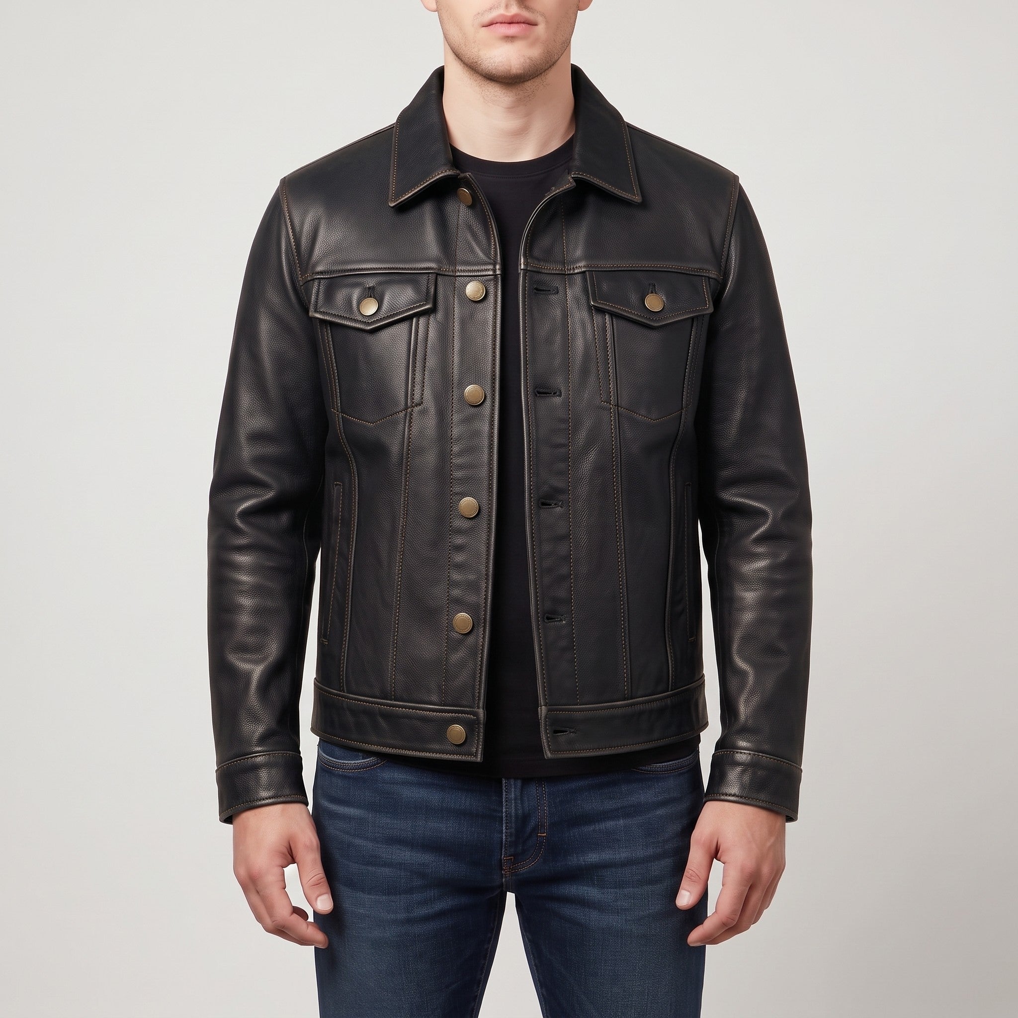 Men's Black Leather Trucker Jacket — Baynards