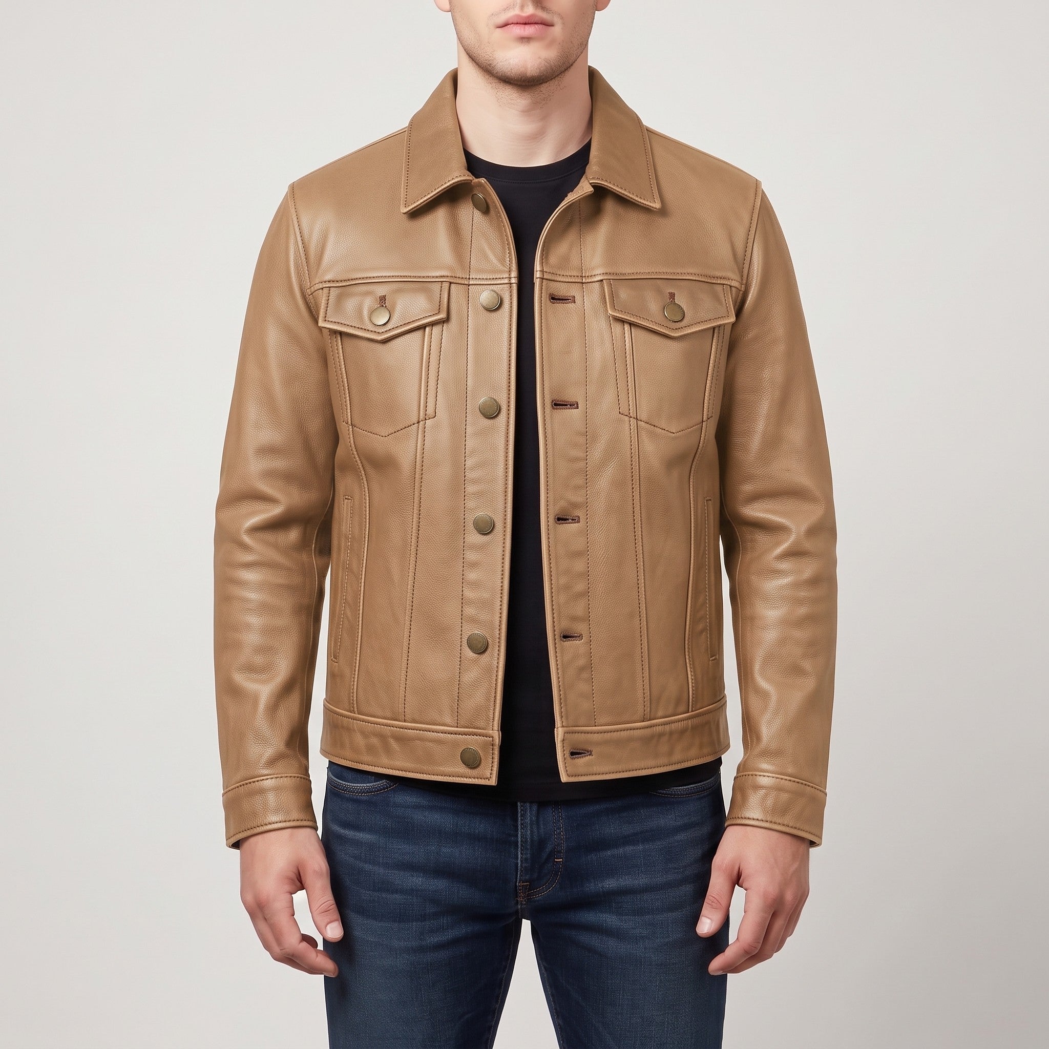 Men's Tan Leather Trucker Jacket — Baynards