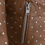 Women's Brown Studded Asymmetrical Leather Biker Jacket — Abberwell