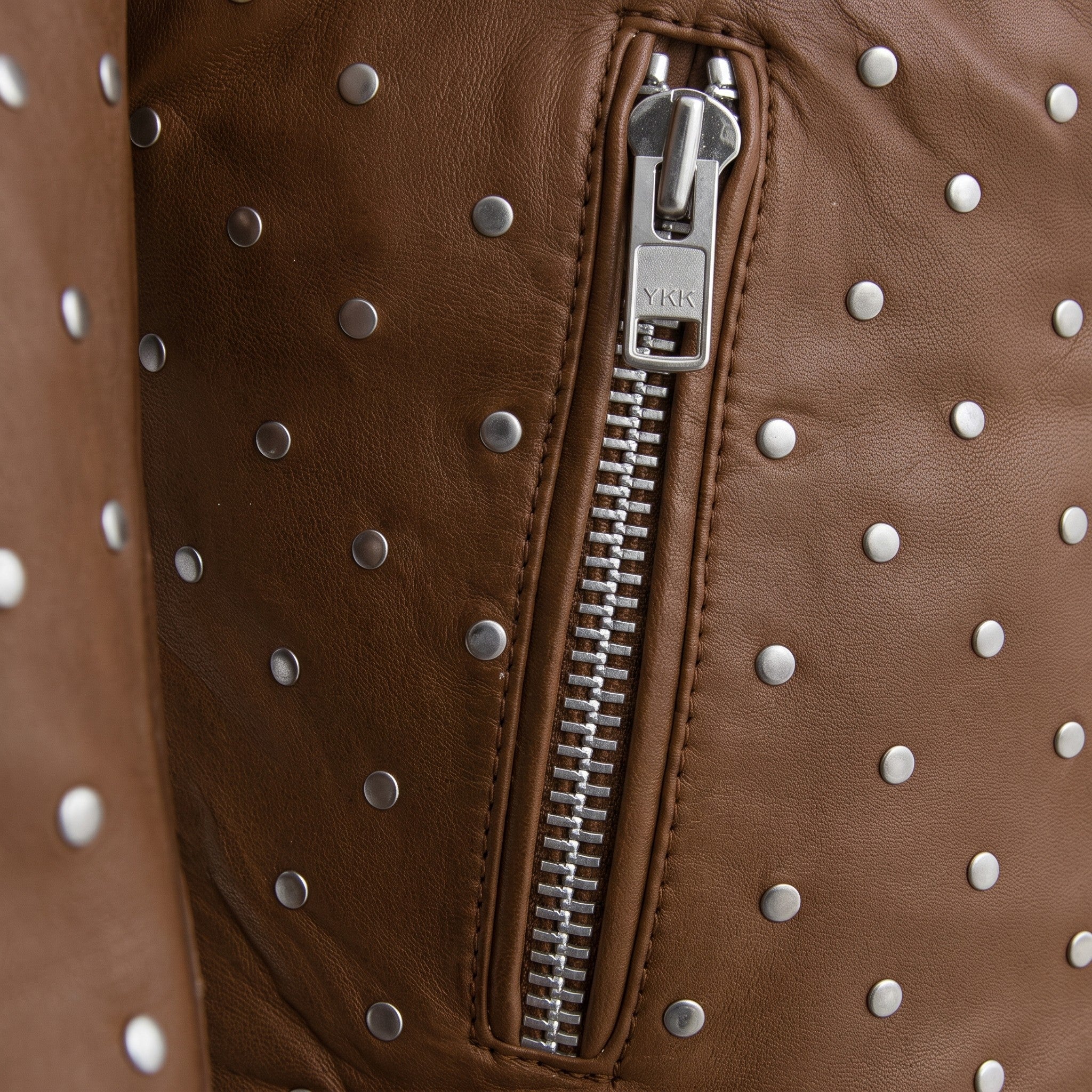 Women's Brown Studded Asymmetrical Leather Biker Jacket — Abberwell