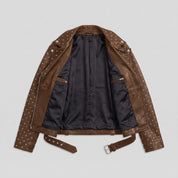 Women's Brown Studded Asymmetrical Leather Biker Jacket — Abberwell