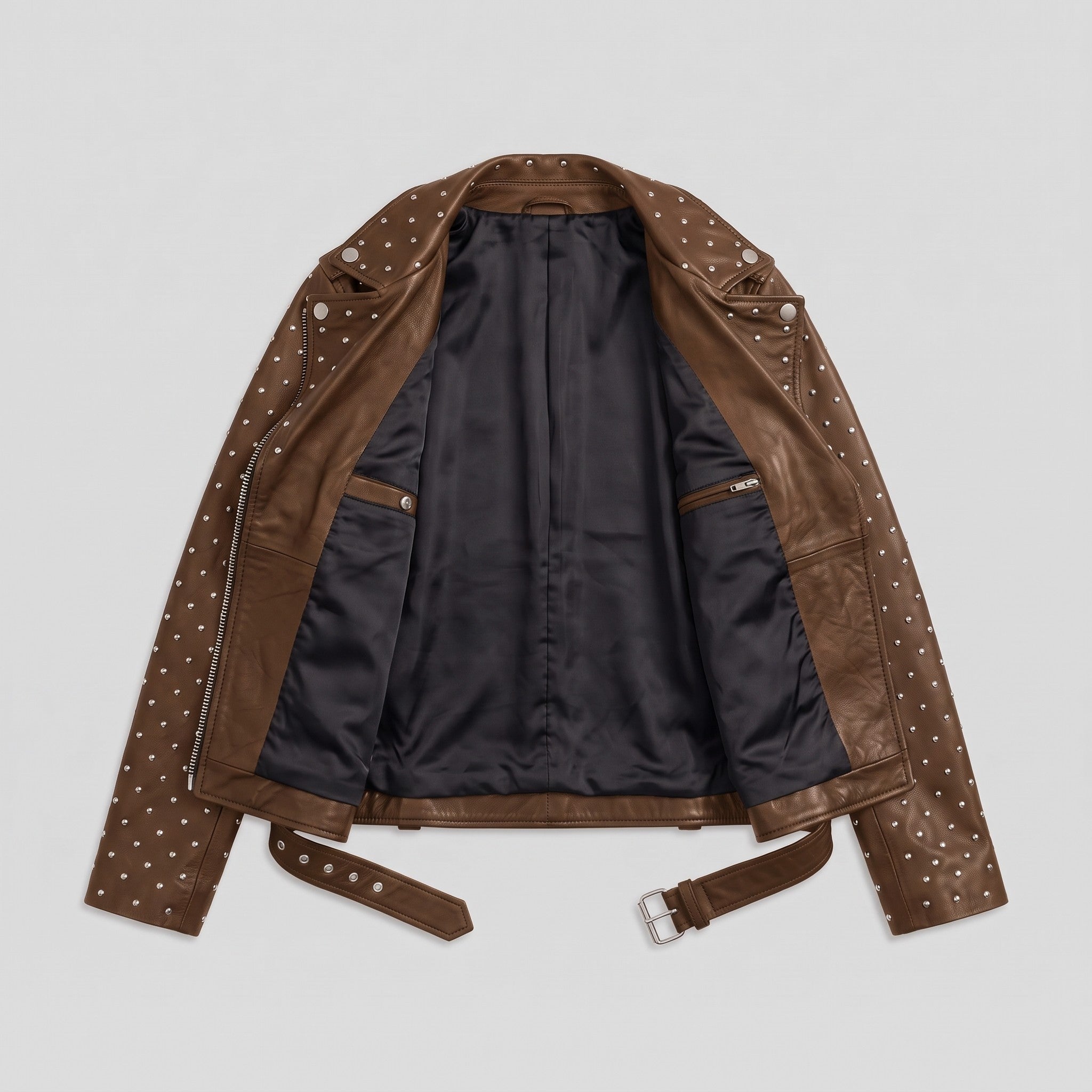 Women's Brown Studded Asymmetrical Leather Biker Jacket — Abberwell