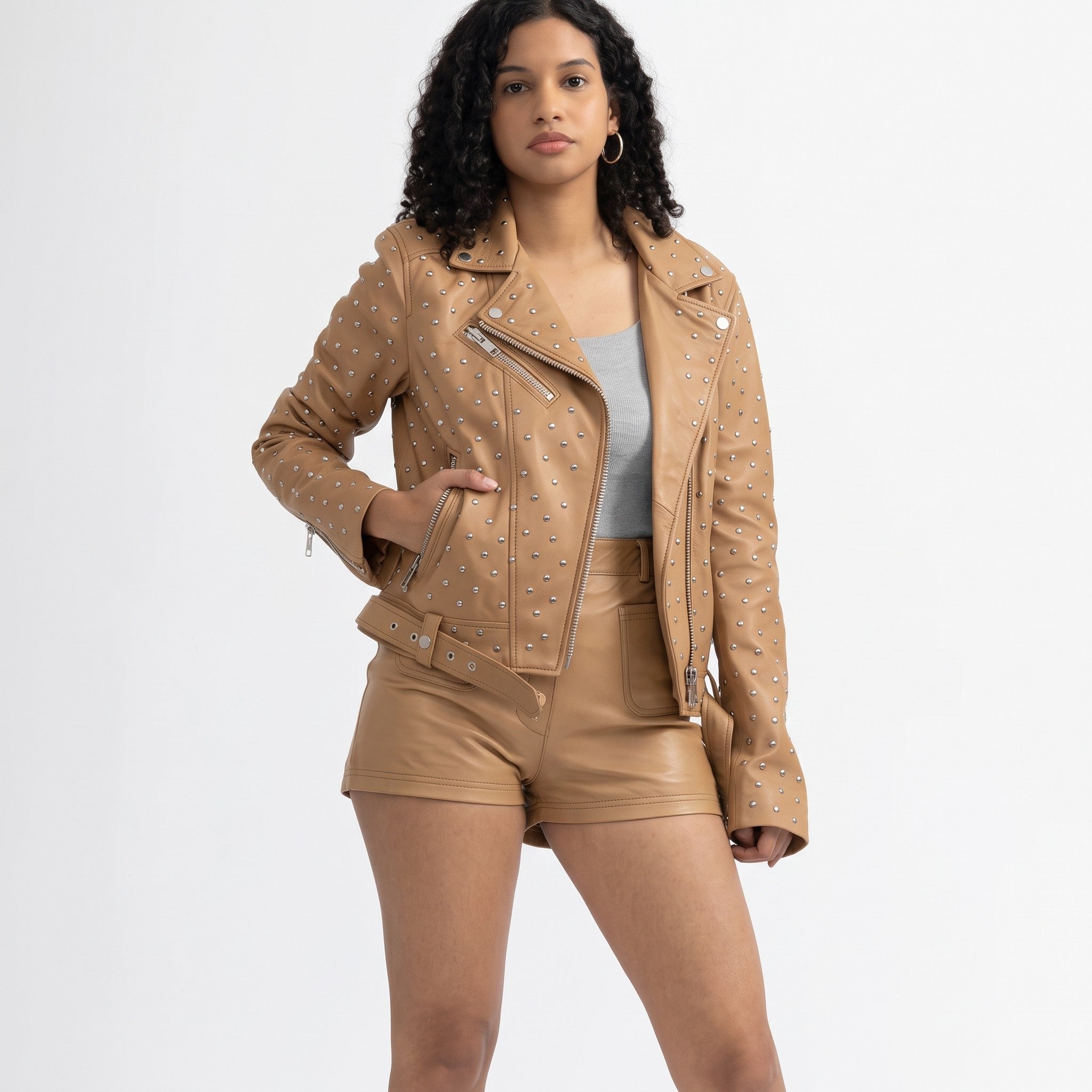 Women's Tan Studded Asymmetrical Leather Biker Jacket — Abberwell