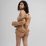 Women's Tan Studded Asymmetrical Leather Biker Jacket — Abberwell