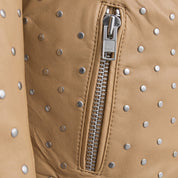 Women's Tan Studded Asymmetrical Leather Biker Jacket — Abberwell