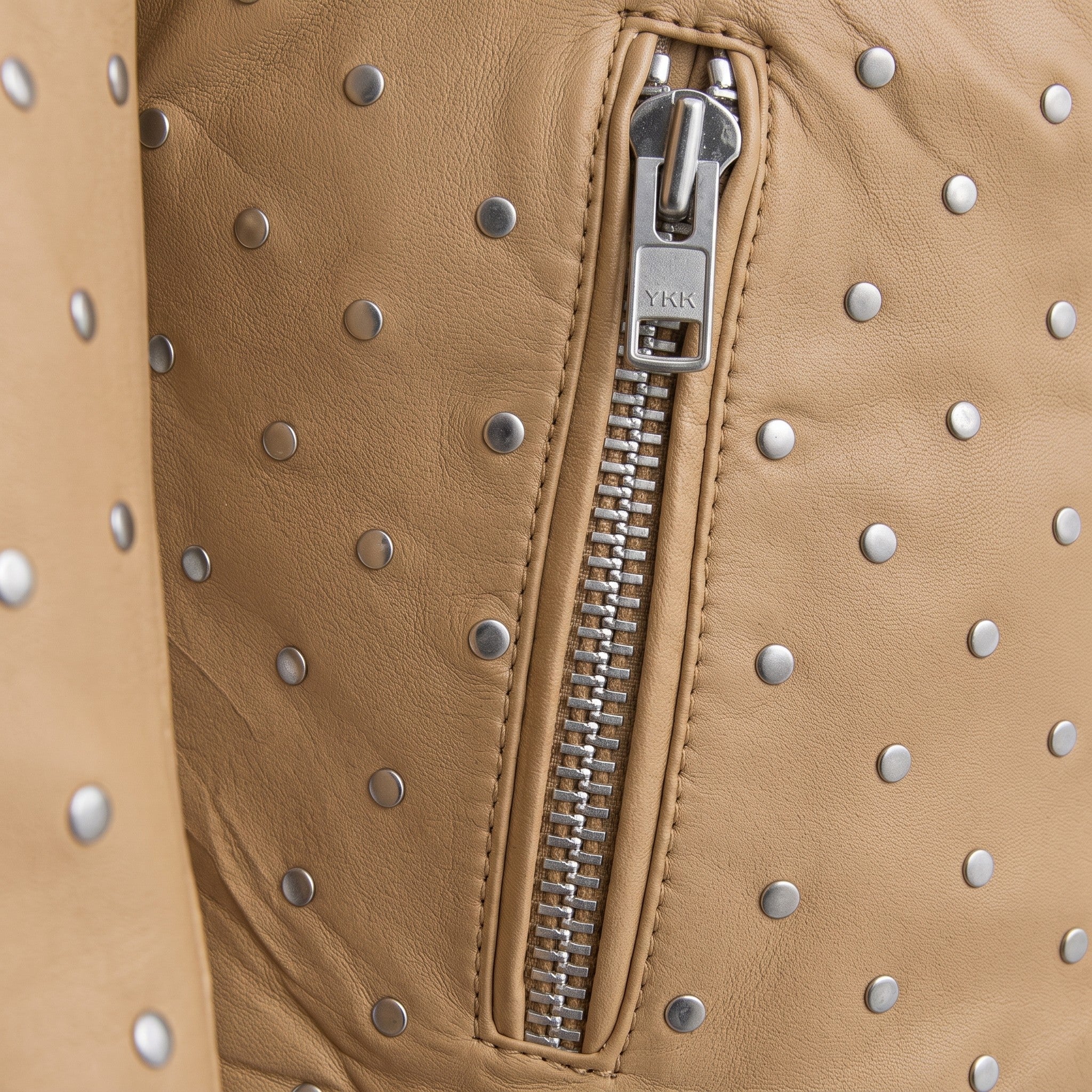 Women's Tan Studded Asymmetrical Leather Biker Jacket — Abberwell