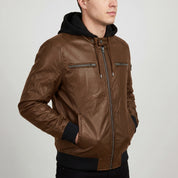 Men's Brown Hooded Leather Bomber Jacket — Farrow
