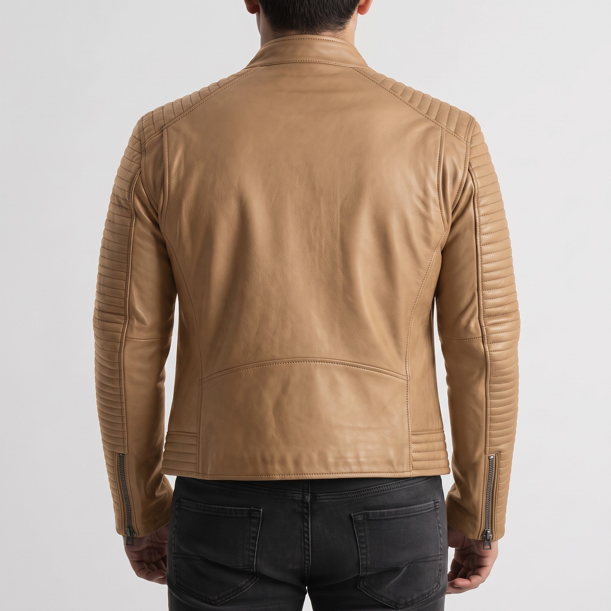 Men's Tan Quilted Leather Biker Jacket — Pilton