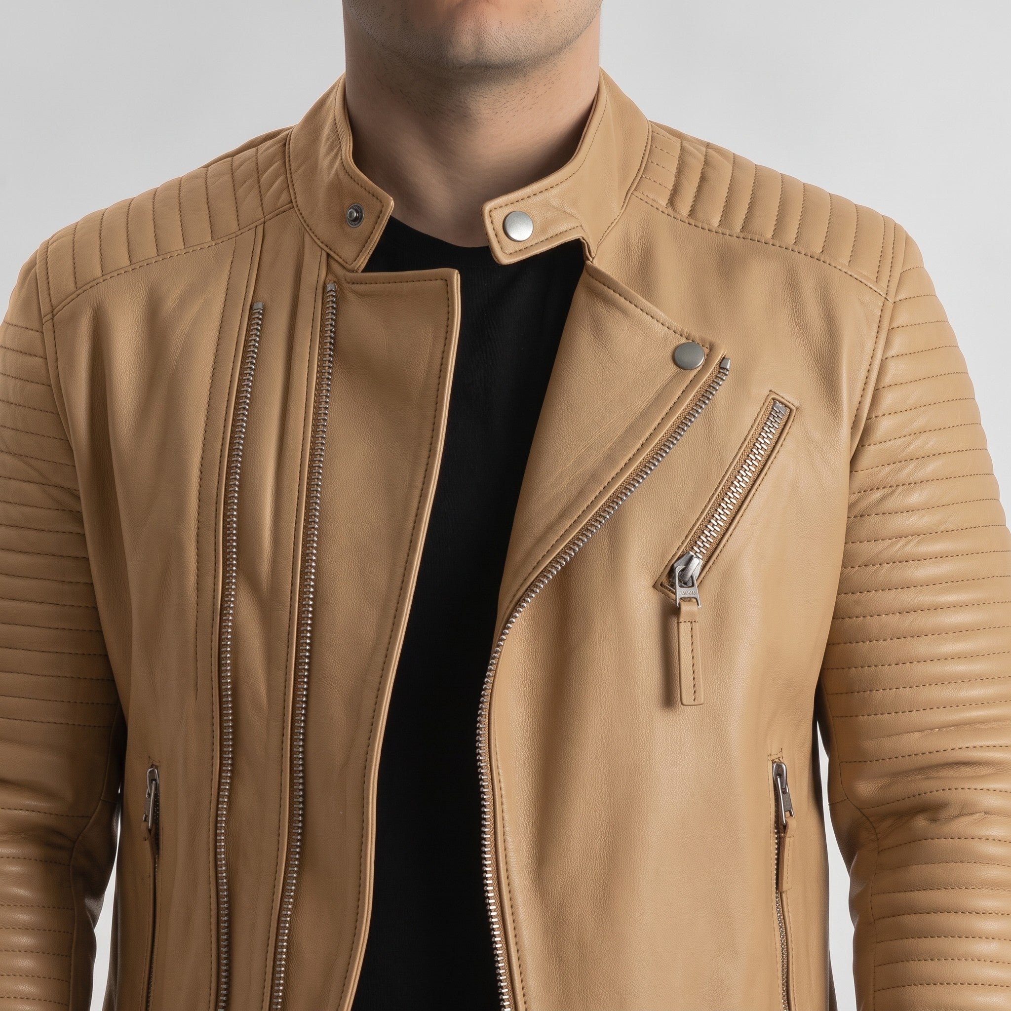 Men's Tan Quilted Leather Biker Jacket — Pilton