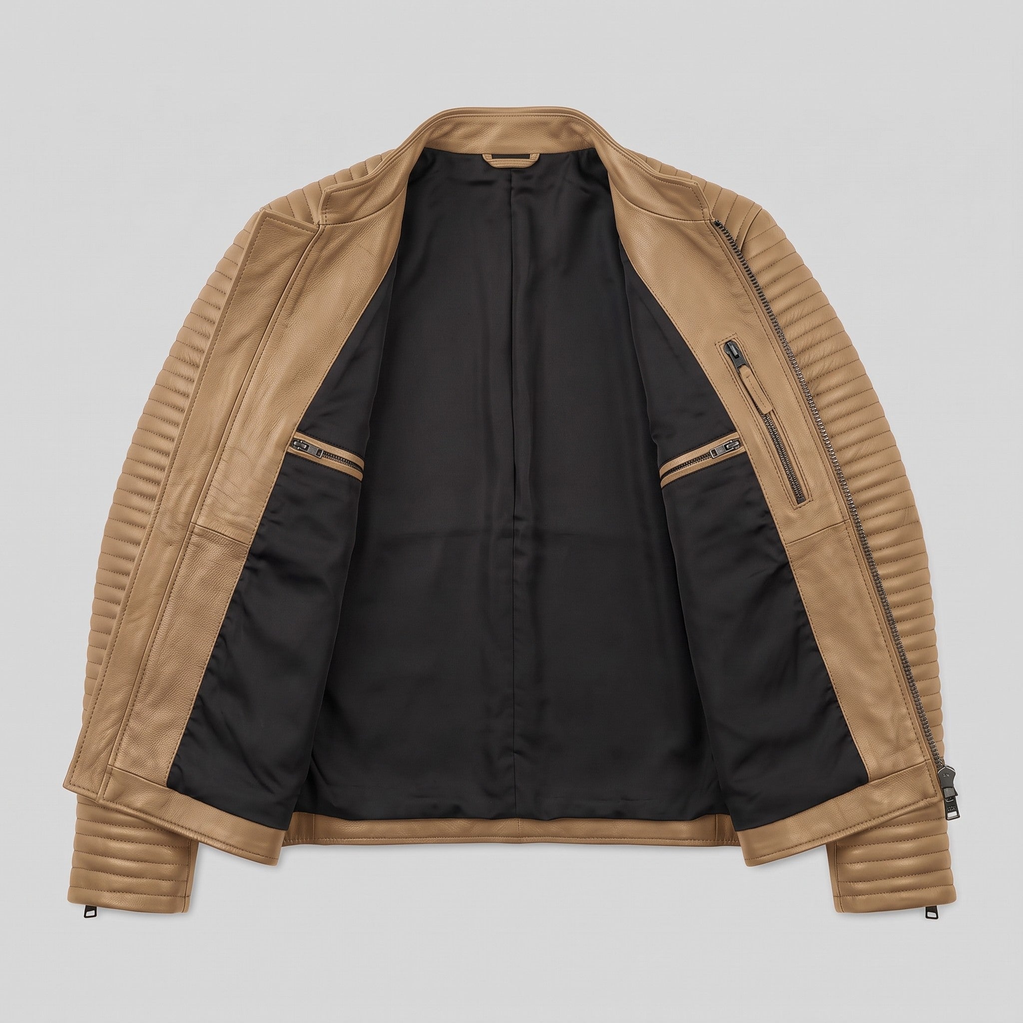 Men's Tan Quilted Leather Biker Jacket — Pilton