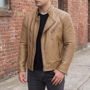Men's Tan Quilted Leather Biker Jacket — Pilton