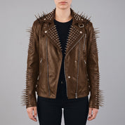 Women's Brown Studded Leather Biker Jacket — Eastgate