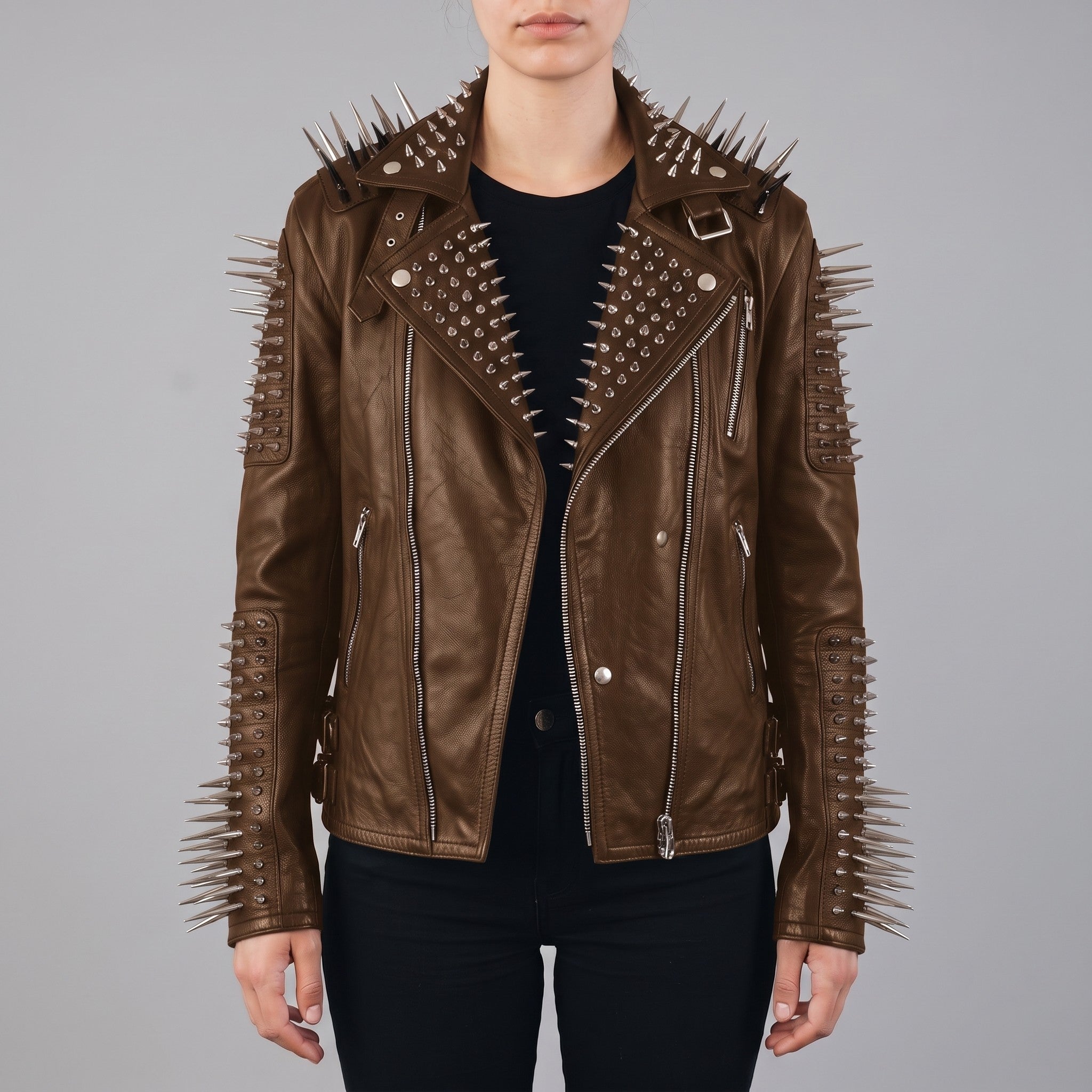 Women's Brown Studded Leather Biker Jacket — Eastgate