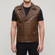 Men's Brown Studded Leather Biker Vest — Tiverton