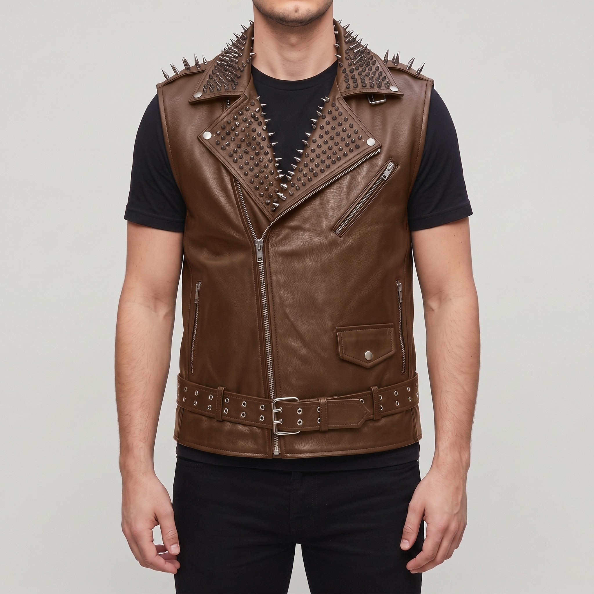 Men's Brown Studded Leather Biker Vest — Tiverton