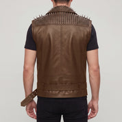 Men's Brown Studded Leather Biker Vest — Tiverton