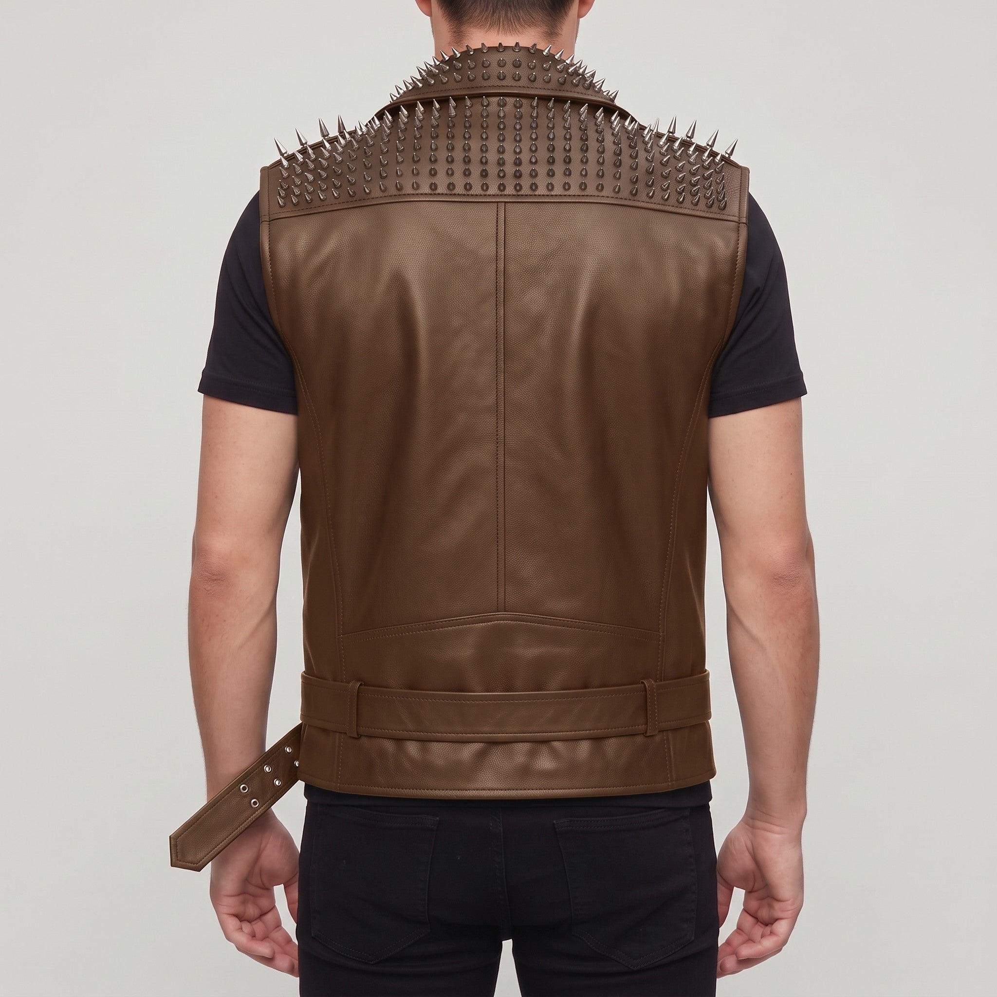 Men's Brown Studded Leather Biker Vest — Tiverton