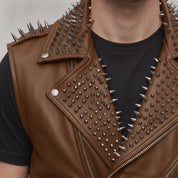 Men's Brown Studded Leather Biker Vest — Tiverton
