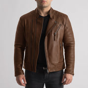 Men's Brown Quilted Leather Biker Jacket — Pilton