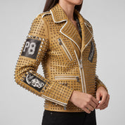 Women's Tan Studded Leather Biker Jacket — Ponsonby